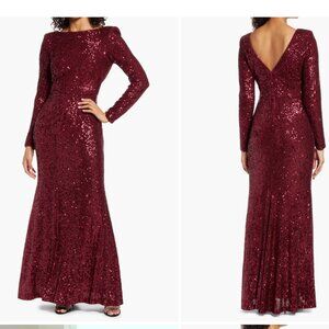 Eliza J Sequin V-Back Long Sleeve Gown  NWT